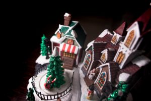 Close up of gingerbread houses and Christmas trees