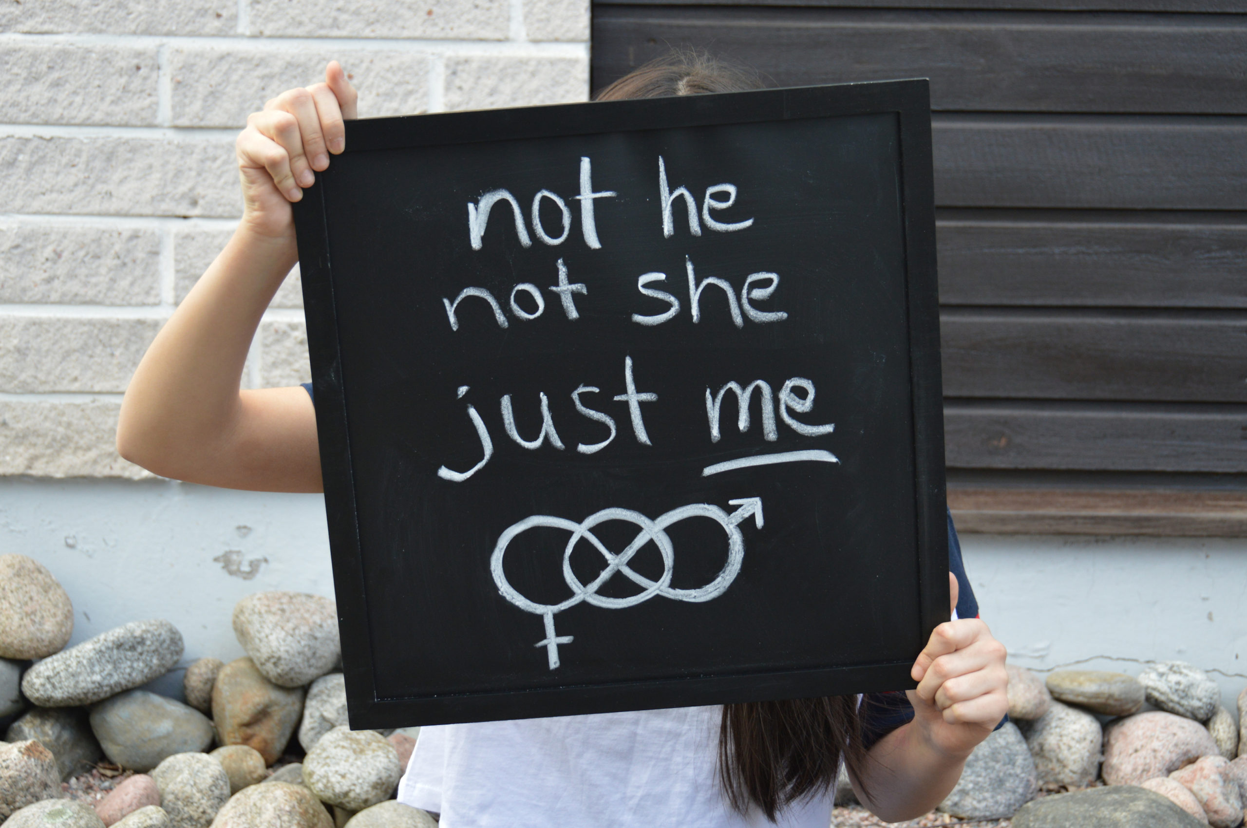 Nonbinary person holding up a sign that says not not he, not she, just me