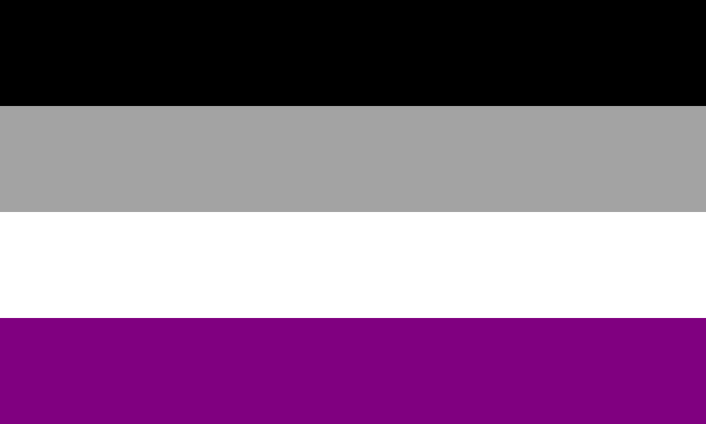 Image of the asexual flag, the flag is divided into 4 equal horizontal stripes. From the top the colours are black, gray, white and purple 