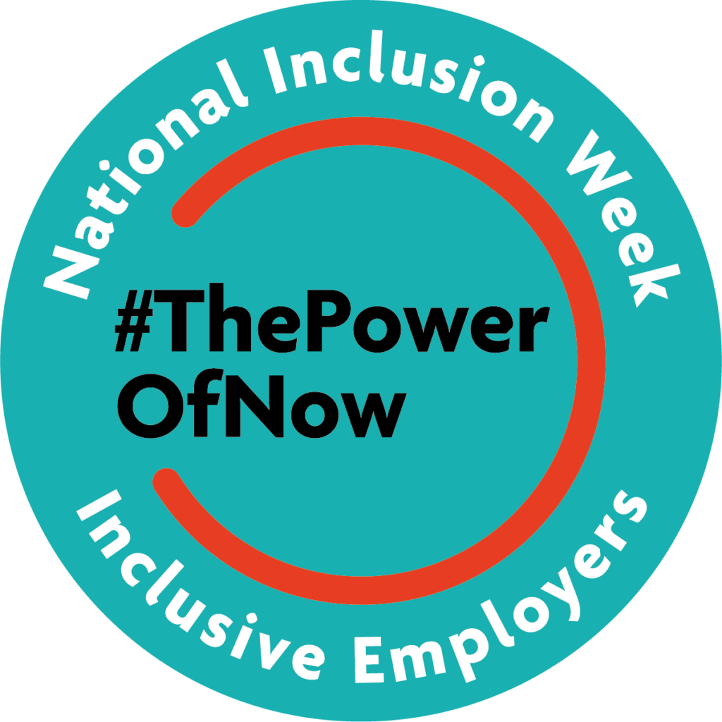 Green circle with the words 'National Inclusion Week Inclusive Employers' around the edge. In the middle the words #ThePowerOfNow are surrounded by a red circular line