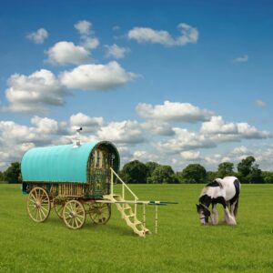 A traditional caravan in a green field with a horse grazing, there is a background of blue sky with fluffy clouds