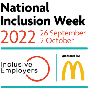 A collection of logos to represent NIW 2022, including the NIW dates, Inclusive Employers logo and McDonalds golden arch M
