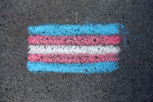 A trans flag drawn on the pavement in chalk with the horizontal coloured stripes of light blue, light pink, white, light pink, light blue