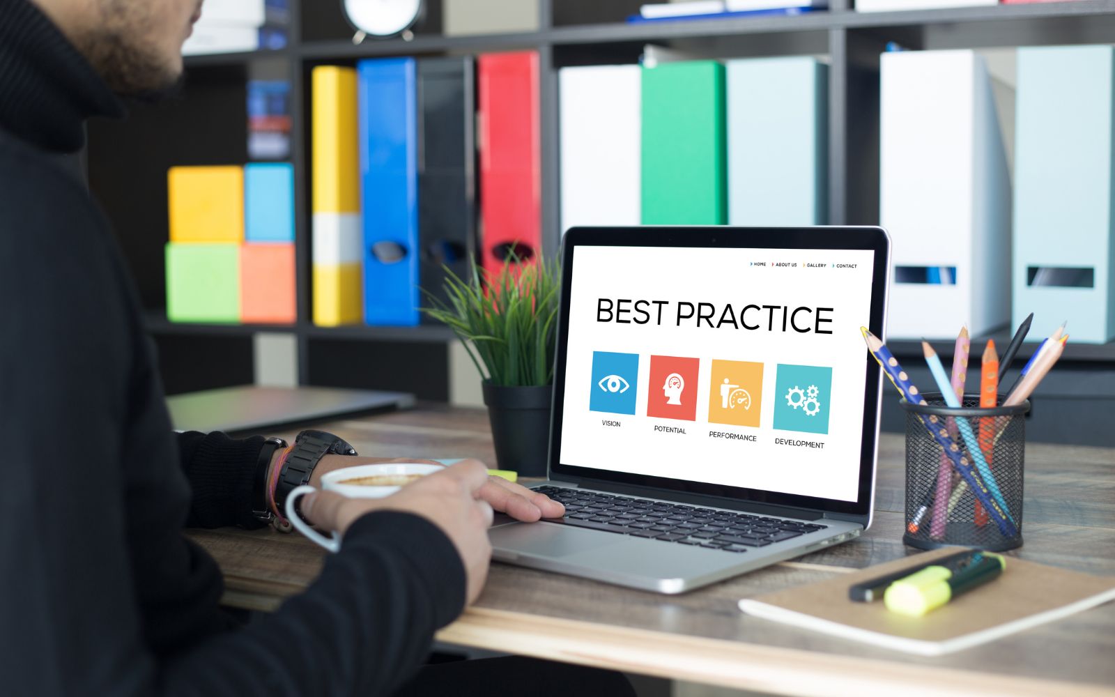 person watching a webinar with the words best practice across the screen