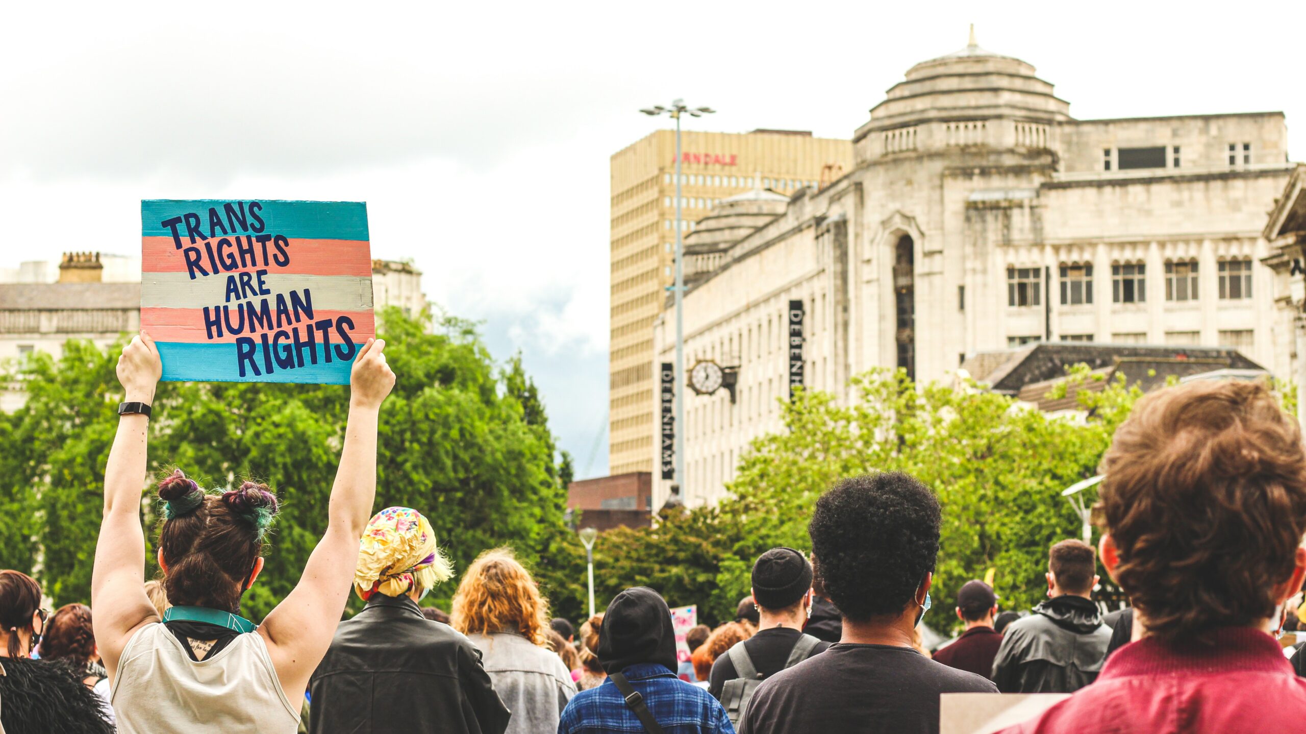 A crowd of people with their backs to the camera and a sign being held up saying "trans lives matter".