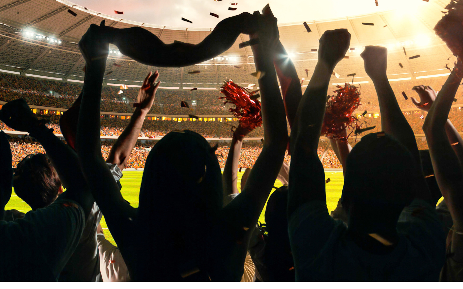 A group of people cheering in a stadium.