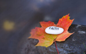 A white stone with 'faith' written on it, on top of a autumn coloured leaf.
