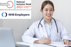 A feminine East or South East Asian doctor smiling at the camera. They are wearing a white coat and holding a clipboard. The NHS Employers and National Inclusion Week logo float in the background.