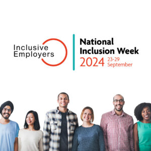 Inclusive Employers logo and the National Inclusion Week 2024 logo at the top of the image and with a diverse group of people at the bottom half of the image, against a white background,