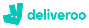 Image shows Deliveroo's logo, a teal kangaroo head graphic and text saying Deliveroo