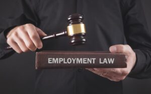 A judge holding a mallet and a book that has the label "employment law"