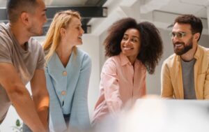 Office workers working together as a team