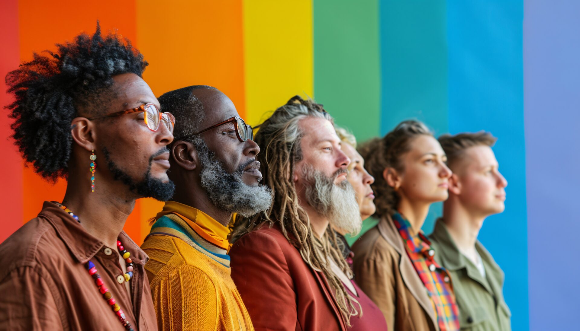 portrait of multicultural group of people in front of the pride flag